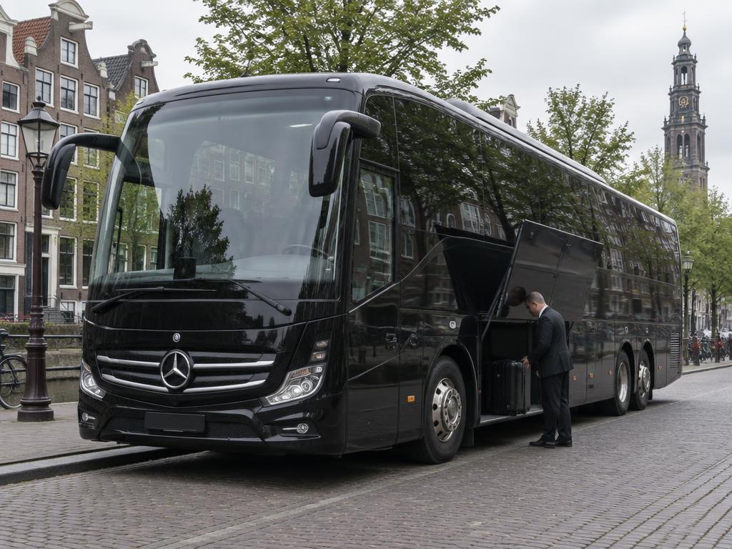 Black Mercedes-Benz luxury touring coach with chauffeur