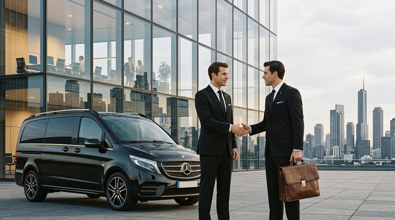 Business traveller welcomed by a chauffeur beside a Mercedes V-Class